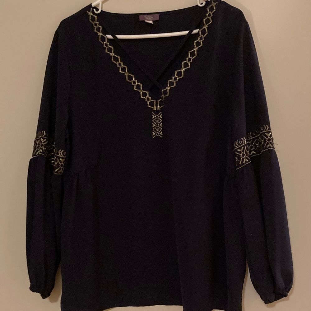 Truly Poppy Navy Blue Blouse With Gold Stitching